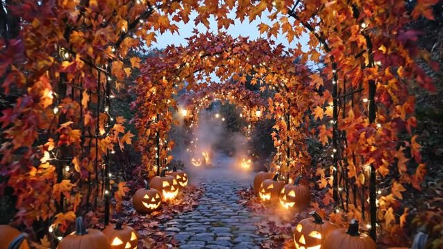Glowing carved pumpkins illuminate a rustic stone path under a magical autumn leaf archway in this atmospheric motion video footage