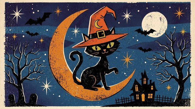 Blackcatinwitchhatundermoonvintageillustration