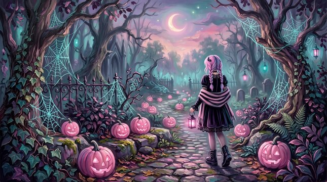 Mystical Girl Exploring Enchanted Halloween Forest Pathway with Glowing Pumpkins