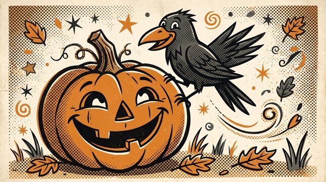 Halloween Jack O Lantern with Crow Illustration Vintage Style
