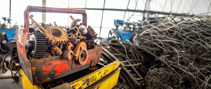 Metal scrap parts recycling plant warehouse on transparent background. Industrial raw material recovery, enterprise manufacturing supply chain, commercial salvage inventory storage, trade resource ass