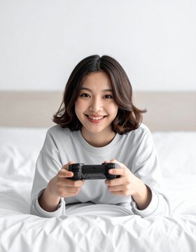 Smiling Woman Playing Video Game