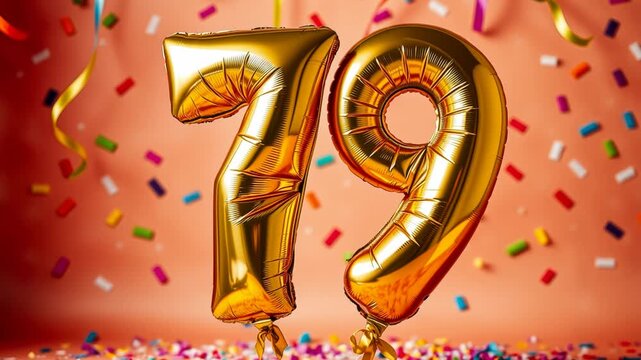 Birthday balloon number seventy nine, golden letter figure 79 celebration background AI Generative
