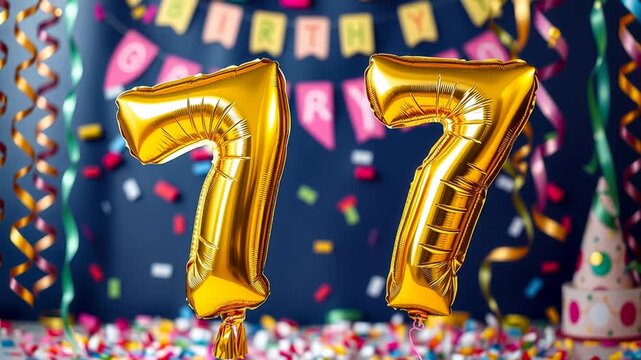 Birthday balloon number seventy seven, golden letter figure 77 celebration background AI Generative
