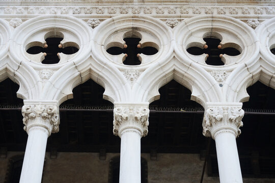 Venetian Gothic architectural details at the Doge's Palace (Palazzo Ducale) in Venice, Italy