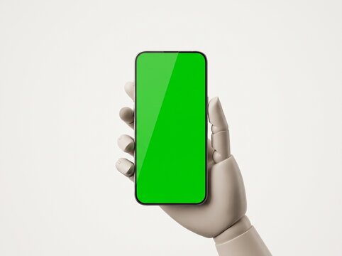 Wooden mannequin hand holding a smartphone with a green screen for app mockup design.