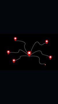 Animated network connection with a central hub expanding to multiple locations represented by red map pins on a black background ideal for illustrating global connectivity.