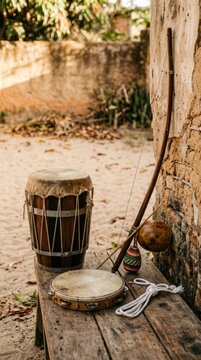 Capoeira instruments displayed outdoors beside a wall