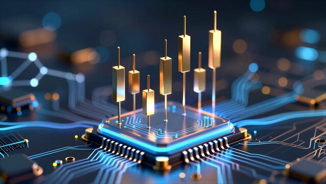 Golden chip with glowing circuitry, futuristic tech and data visualization on blue board.