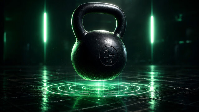 Black 24kg kettlebell floating above a dark floor with green glowing circular ripple light effects in a dark gym setting with vertical lights