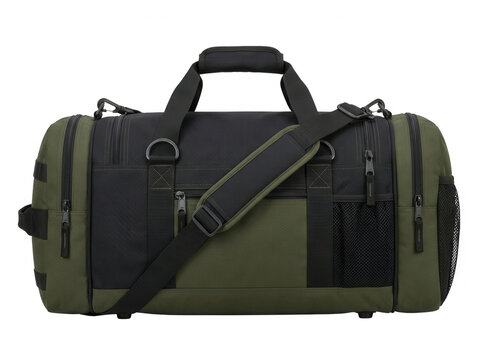Bolsa de deporte tipo duffel de color verde oliva y negro, con dise&ntilde;o resistente, m&uacute;ltiples compartimentos con cremallera, correas ajustables y asa superior, aislada sobre un fondo blanco puro.