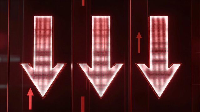 Red LED arrows signal decline, with subtle upward hints in the background.
