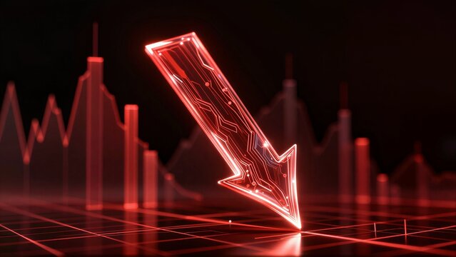 Red glowing arrow points down, symbolizing tech market decline against stock chart backdrop.
