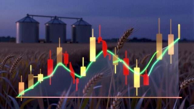Golden wheat field with glowing stock charts and silos under twilight sky.