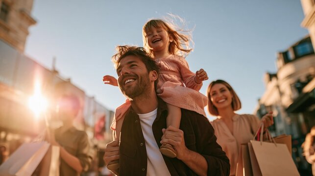 Joyful Family Shopping Together Outdoors