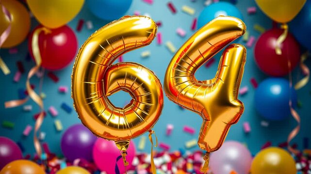 Birthday balloon number sixty four, golden letter figure 64 celebration background AI Generative