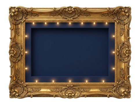 Un marco de fotos rectangular de estilo barroco cl&aacute;sico con un acabado dorado ornamentado y luces LED integradas que iluminan un fondo interior de color azul marino profundo sobre un fondo blanco
