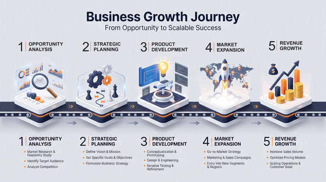 3D Infographic of Business Growth Journey from Opportunity Analysis to Scalable Revenue Success