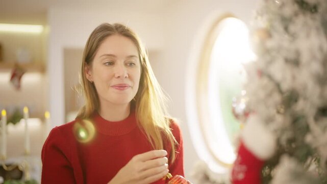 Adult woman decorating Christmas tree with ornaments at home. Happy Caucasian woman enjoying festive holiday preparation, seasonal family tradition and Christmas celebration in living room