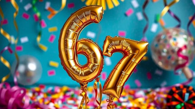 Birthday balloon number sixty seven, golden letter figure 67 celebration background AI Generative