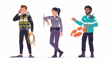 Obraz premium Diverse group of emergency service professionals including a diver, police officer, and lifeguard.