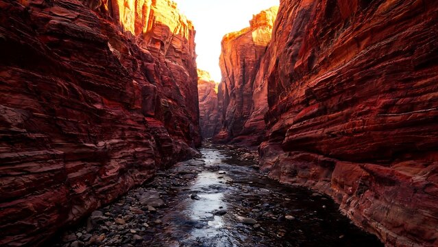 Narrow red rock canyon with a river flowing between high sandstone cliffs