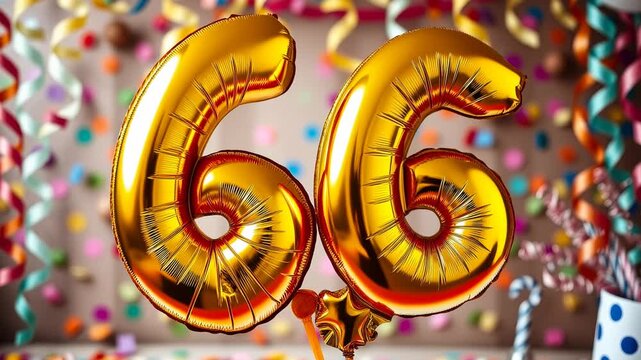 Birthday balloon number sixty six, golden letter figure 66 celebration background AI Generative