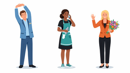 Fototapeta premium Three diverse people in casual business attire, one stretching, one on the phone, and one holding flowers.