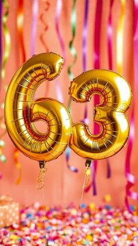 Birthday balloon number sixty three, golden letter figure 63 celebration background AI Generative