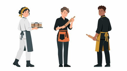 Obraz premium Three diverse chefs in uniform holding baking tools and ingredients, ready to prepare food in a professional kitchen setting.
