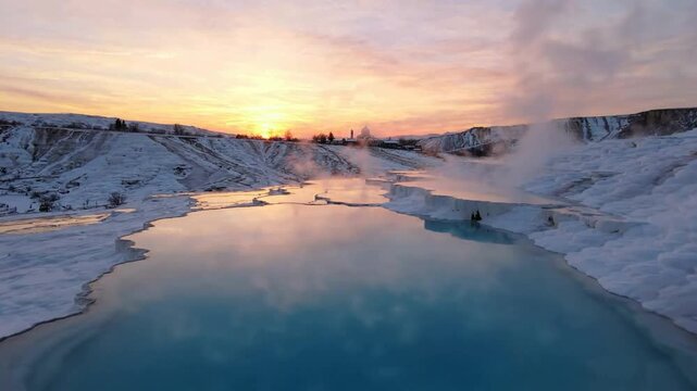 Sunset at pamukkale thermal pools: steaming turquoise travertine terraces in turkey hierapolis