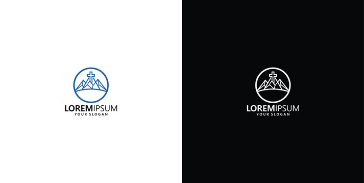 Modern abstract circular geometric mountain logo template with a minimalist design on a white and black background for branding