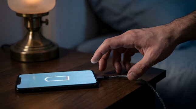 Person hand reaching out for charging phone on nightstand in dark room late night digital addiction and fomo concept