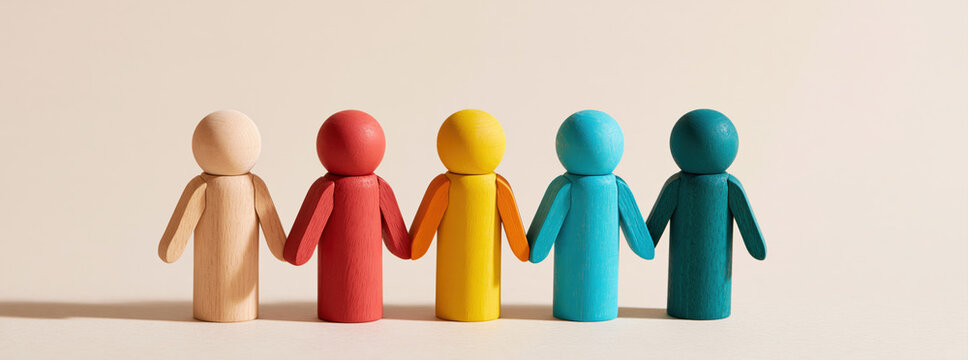 People and wooden figurines in a colorful row representing unity diversity team work community inclusion equality