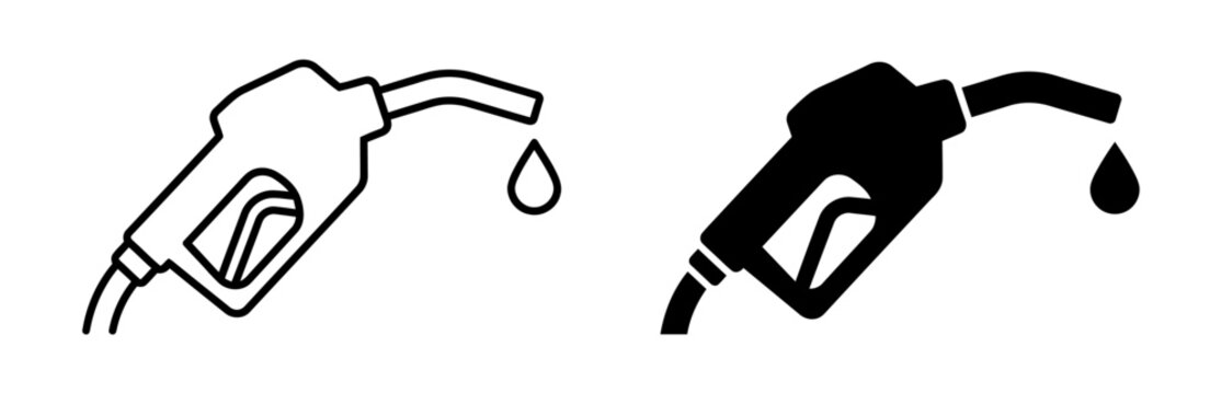 Gasoline pump nozzle with a dripping fuel drop in black and white illustration