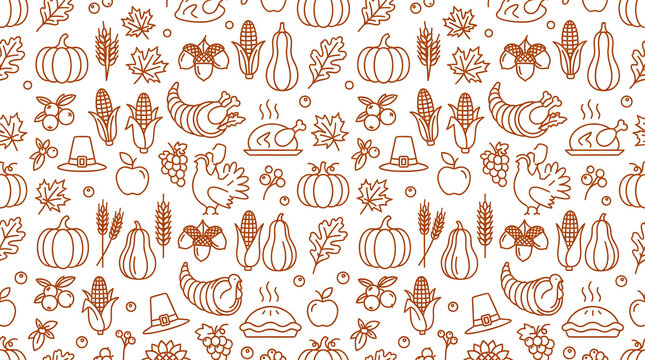 Thanksgiving Autumn Harvest Seamless Pattern with Pumpkins, Turkey, Corn, Acorns, Leaves, Pie and Seasonal Food