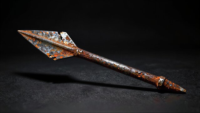 Rusty spearhead lies against dark background, weathered metal gleaming with age.