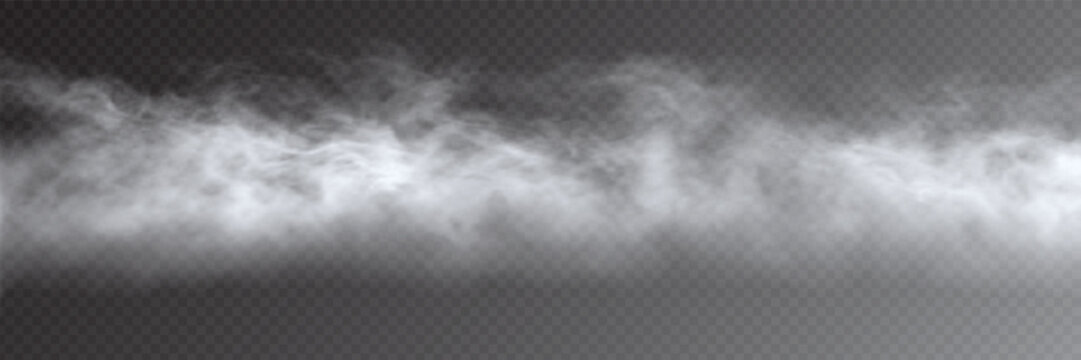 Fog, smoke, mist and steam on transparent background, panoramic view, vector design