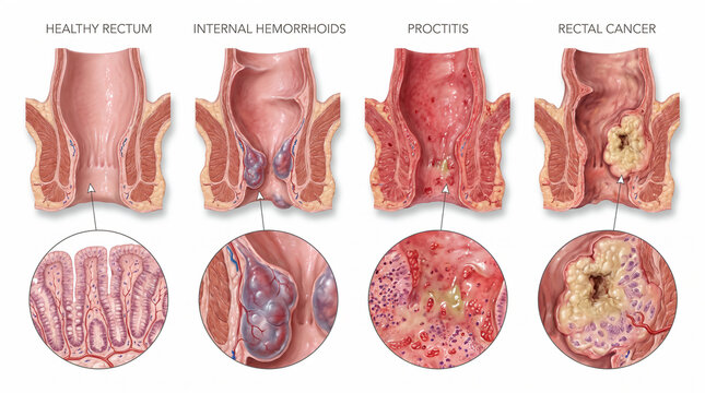 Medical Illustration of Rectal Conditions and Pathological Changes in the Human Digestive System Showing Anatomy and Disease Progression