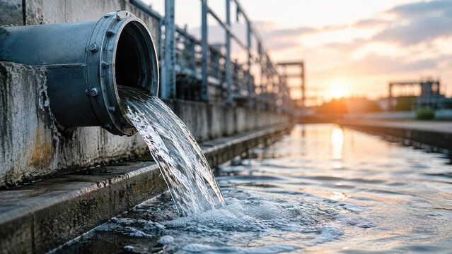 Water flowing from large industrial pipe into river at sunset