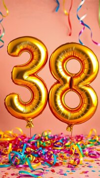 Birthday balloon number thirty eight, golden letter figure 38 celebration background AI Generative