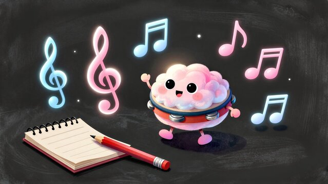 A cheerful, musical brain character dances with notes and a treble clef near notebooks.