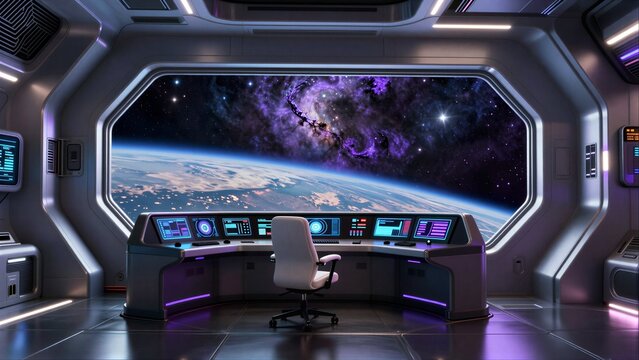 Futuristic spaceship cockpit with glowing screens and a stunning cosmic view.