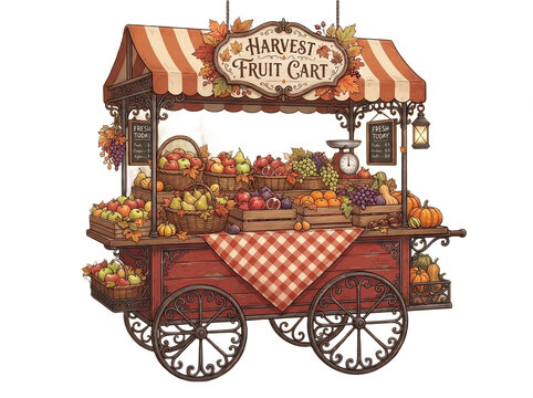 Vintage market cart wagon filled with autumn harvest fruits and vegetables illustration, Thanksgiving and farmers market design asset