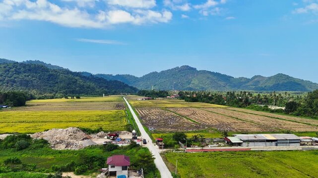 Aerial View Of Rural Road Through Agricultural Paddy Fields With Distant Mountains In Balik Pulau, Penang, Malaysia.