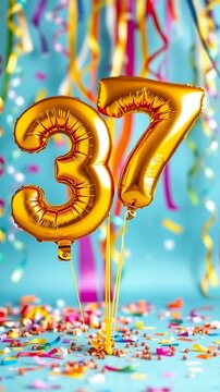 Birthday balloon number thirty seven, golden letter figure 37 celebration background AI Generative