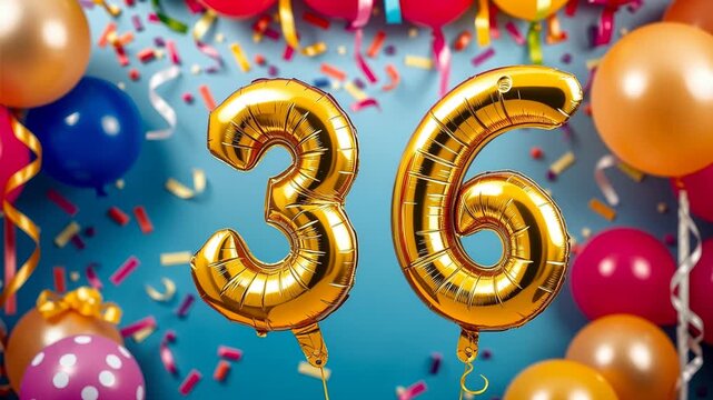 Birthday balloon number thirty six, golden letter figure 36 celebration background AI Generative
