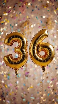 Birthday balloon number thirty six, golden letter figure 36 celebration background AI Generative