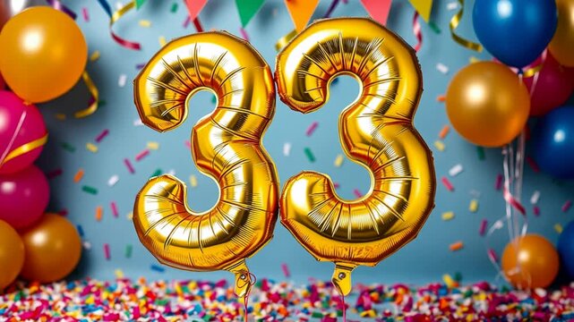 Birthday balloon number thirty three, golden letter figure 33 celebration background AI Generative