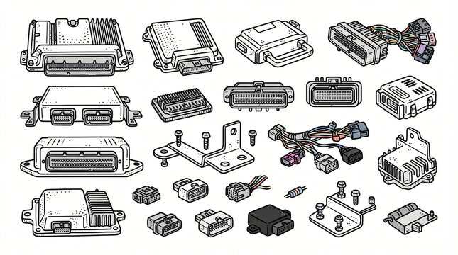 Car Engine Control Unit ECU Part Line Art Doodle Illustration Collection Hand Drawn Aluminum Box Electronic Control Module Multi Pin Socket Bracket Stroke Thickness Strictly Textless White